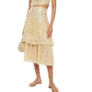 PALOMA BLUE Eden Ruffled Metallic Fil Coupé Silk -blend Midi Skirt In Gold S